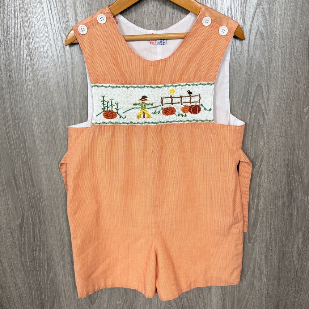 Orient Express Vtg‎ Smocked Jon Jon Boy 5 Orange Fall Scarecrow Pumpkin Romper